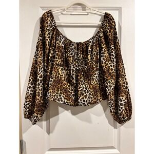 Iky & Me Leopard Print Lace Up Front Crop Top Long Balloon Sleeve XL NWT